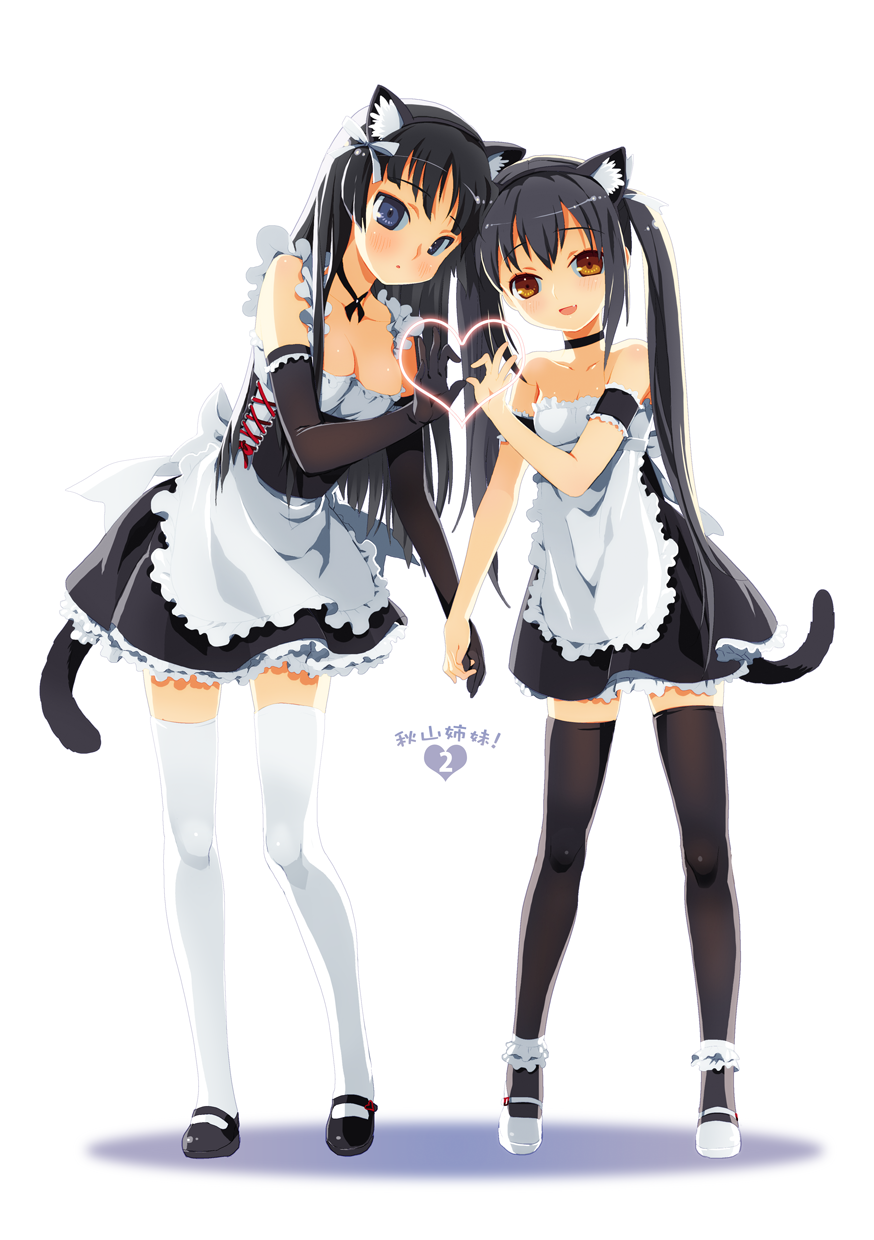 00s, 2girls, four-finger_heart_hands, akiyama_mio, alternate_costume, animal_ears, bare_shoulders, black_hair, black_thighhighs, blue_eyes, blush, breasts, brown_eyes, cat_ears, cat_tail, choker, cleavage, elbow_gloves, enmaided, fang, gloves, hair_ribbon, heart, heart_hands, heart_hands_duo, highres, holding_hands, k-on!, large_breasts, legs, lingerie, long_hair, maid, mao_yu, mary_janes, moe_moe_kyun!, multiple_girls, nakano_azusa, petticoat, ribbon, shoes, tail, thighhighs, twintails, underwear, white_thighhighs, zettai_ryouiki