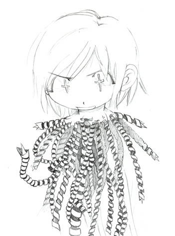 alien_nine, drill, graphite_(medium), greyscale, kawamura_kumi, lowres, monochrome, severed_head