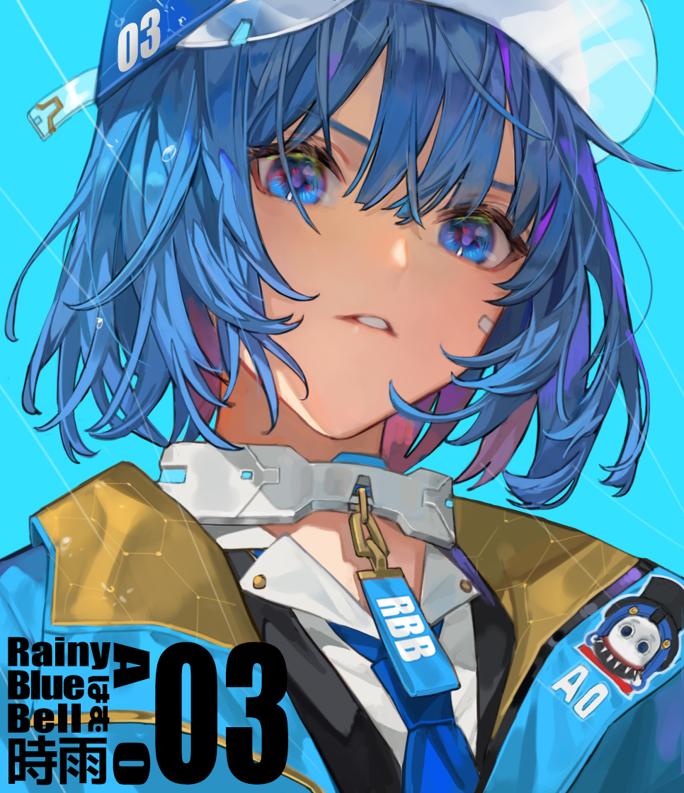 1girl, bad_id, bad_pixiv_id, baseball_cap, black_jacket, blue_background, blue_coat, blue_eyes