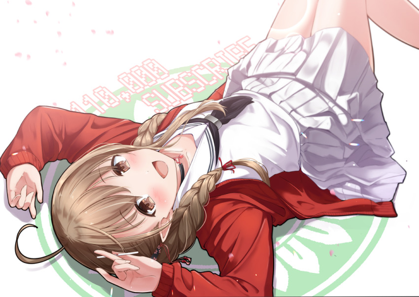 1girl, ahoge, bad_id, bad_pixiv_id, braid, brown_eyes, brown_hair, cardigan, female_focus, indie_virtual_youtuber, kusunoki_shio, kusunoki_shio_(channel), long_hair, looking_at_viewer, low_twin_braids, namae_hamada, red_cardigan, smile, solo, twin_braids, virtual_youtuber