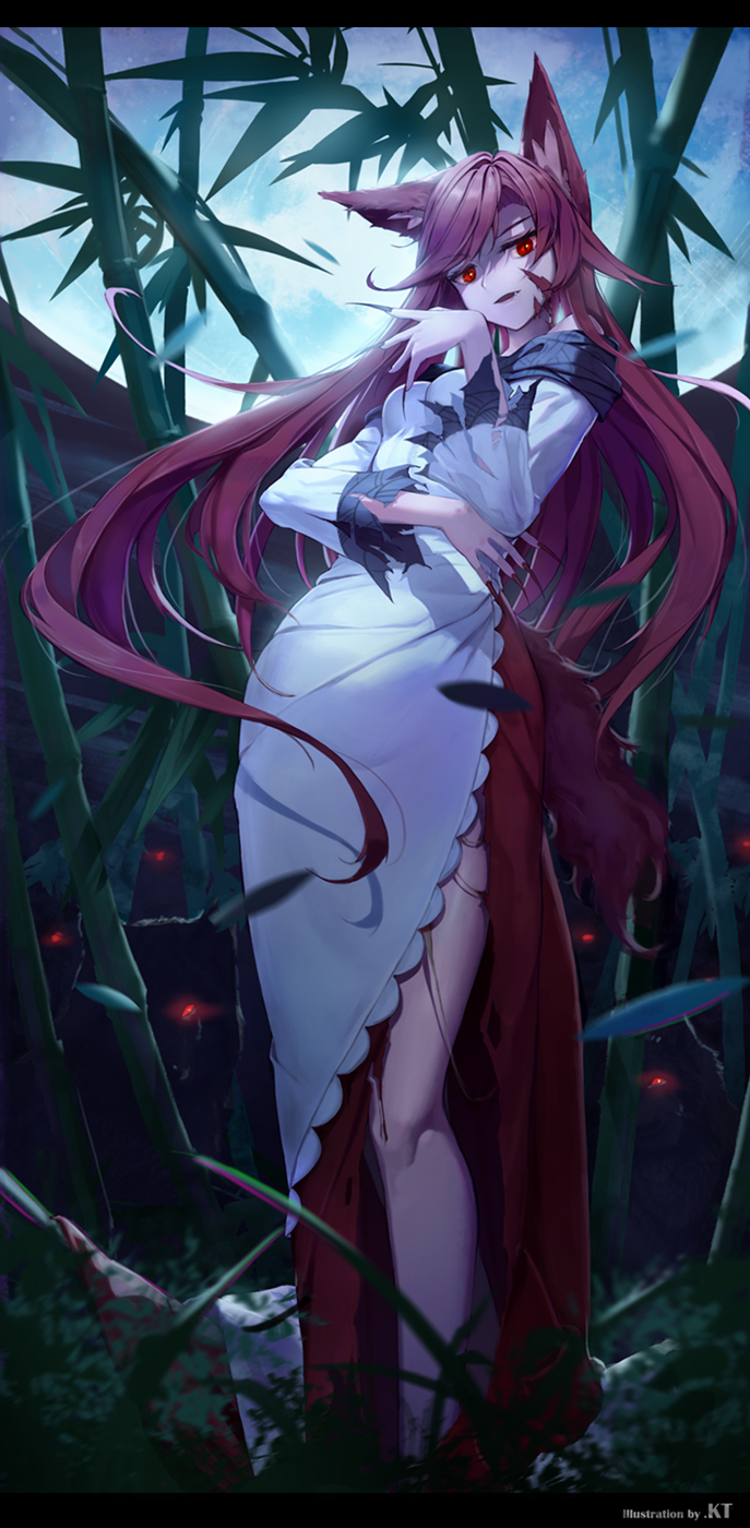 1girl, animal_ears, bamboo, bare_shoulders, breasts, brown_hair, commentary_request, dress