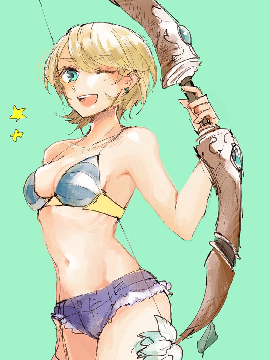 1girl, alternate_costume, bad_id, bad_twitter_id, bikini, bikini_top_only, blonde_hair, blue_eyes