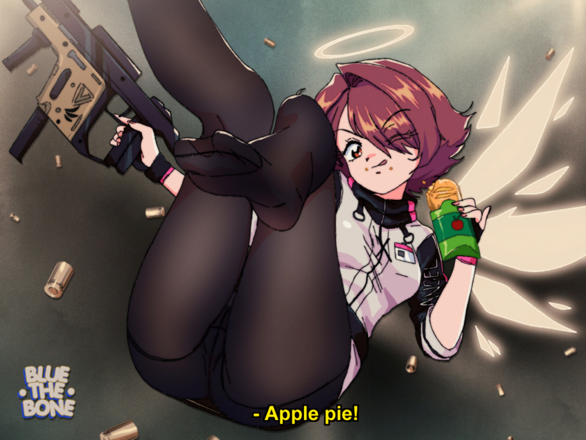 1990s_(style), 1girl, ;q, apple_pie, arknights, artist_name, black_pantyhose, bluethebone, commentary, eating, english_commentary, english_text, exusiai_(arknights), eyes_visible_through_hair, feet, female_focus, food, gun, hair_over_one_eye, halo, holding, holding_food, holding_gun, holding_weapon, kriss_vector, looking_at_viewer, one_eye_closed, pantyhose, pie, red_eyes, red_hair, retro_artstyle, sandwich, short_hair, soles, solo, submachine_gun, subtitled, tongue, tongue_out, weapon, wings