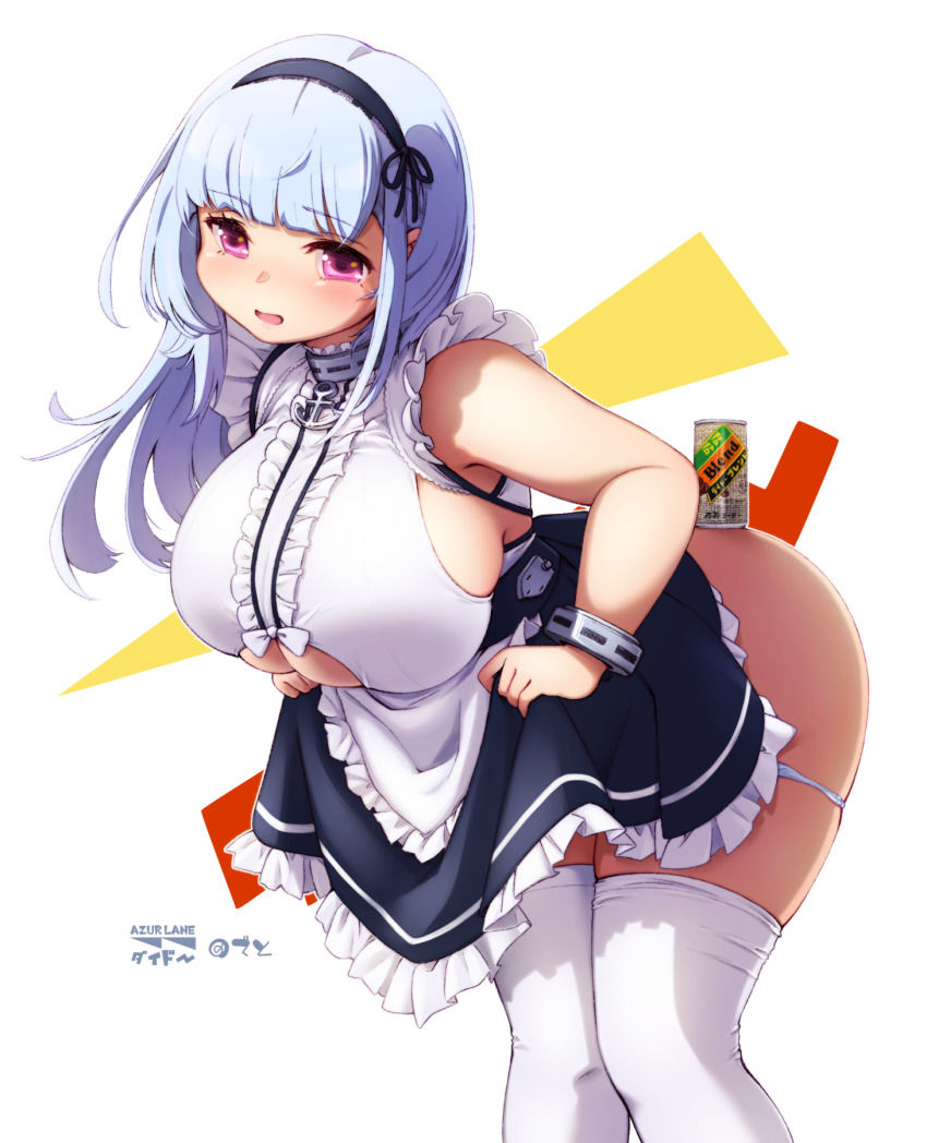 1girl, apron, azur_lane, black_hairband, black_ribbon, blue_hair, blue_panties, bow