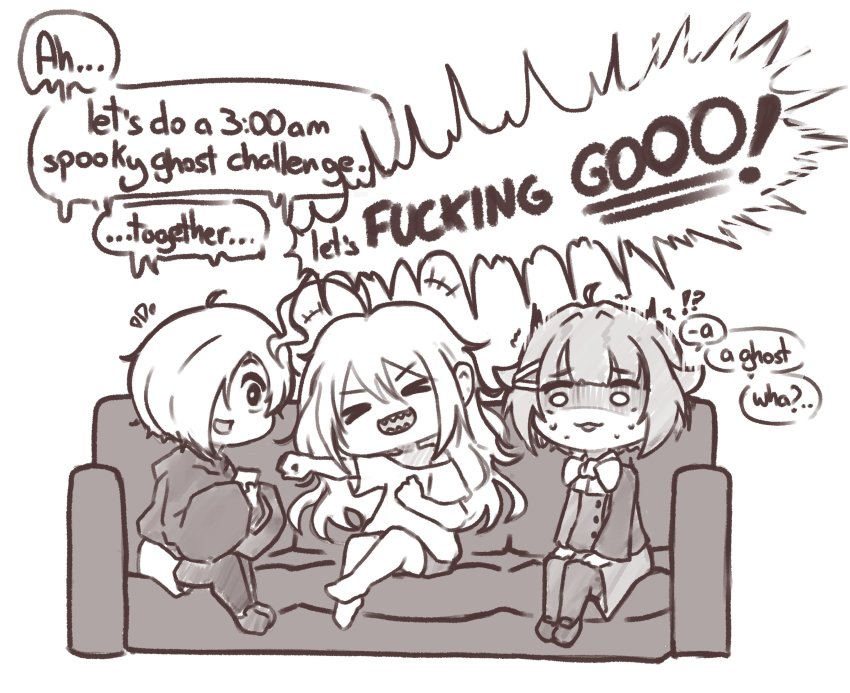 >_<, 3girls, :3, :d, ^^^, absurdres, ahoge, bare_legs, barefoot, bow, bowtie, cellphone, chefhart, chibi, couch, english_text, fist_pump, greyscale, hair_flaps, hair_ornament, hair_over_eyes, hairclip, highres, hoshi_syoko, idolmaster, idolmaster_cinderella_girls, kawaii_boku_to_142's_(idolmaster), koshimizu_sachiko, long_hair, long_sleeves, monochrome, multiple_girls, off_shoulder, open_mouth, oversized_clothes, phone, profanity, scared, shaded_face, sharp_teeth, shirasaka_koume, shirt, short_hair, shouting, sitting, skirt, smile, speech_bubble, sweatdrop, t-shirt, teeth, thighhighs, trembling, xd