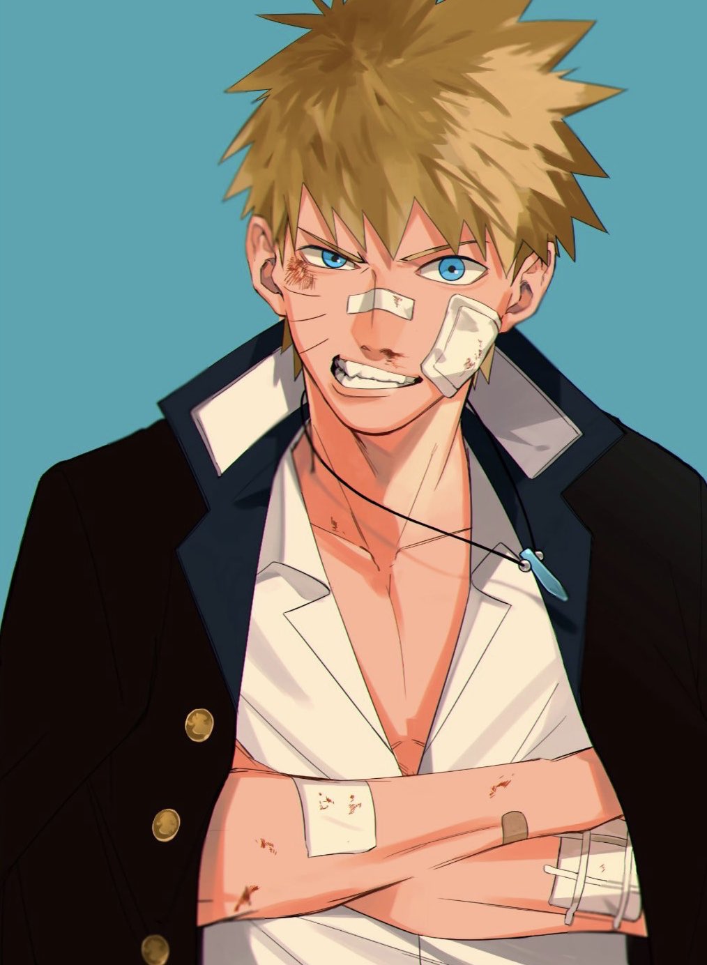 1boy, alternate_costume, bad_id, bad_twitter_id, bandage_on_face, bandages, blonde_hair, blood
