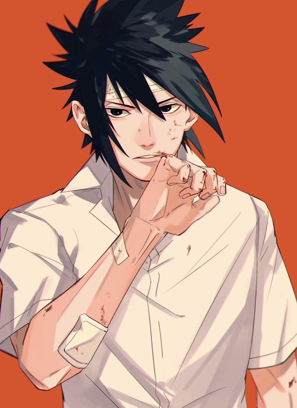 1boy, bad_id, bad_twitter_id, bandages, black_eyes, black_hair, blood, blood_on_face