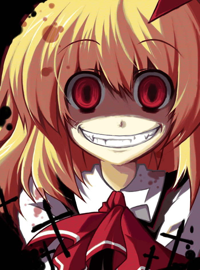 1girl, bad_id, bad_pixiv_id, blonde_hair, crazy, crazy_eyes, creepy, cross, embodiment_of_scarlet_devil, evil_grin, evil_smile, female_focus, grin, hair_ribbon, red_eyes, ribbon, rumia, shaded_face, short_hair, smile, solo, touhou, utsurogi_angu, yandere, you_gonna_get_raped