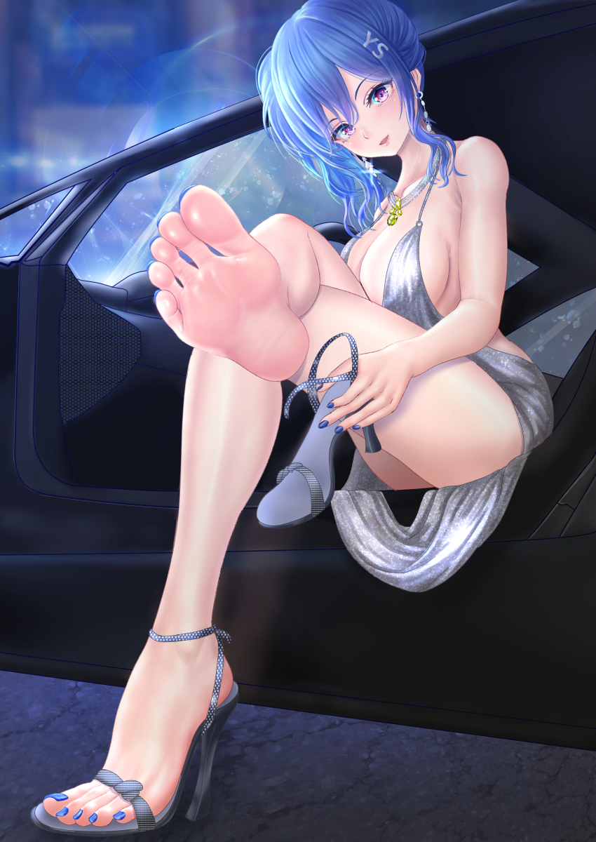 1girl, absurdres, azur_lane, backless_dress, backless_outfit, bare_legs, barefoot, blue_hair