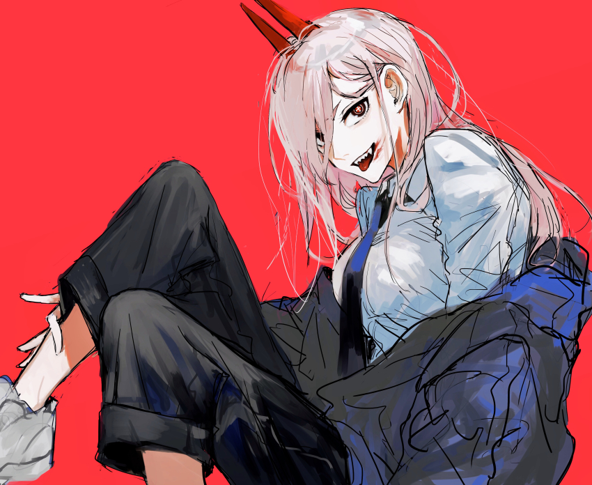 1girl, absurdres, black_panties, blood, chainsaw_man, collared_shirt, cross-shaped_pupils, demon_girl