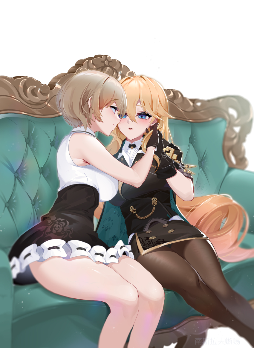2girls, absurdres, durandal_(honkai_impact), black_dress, black_gloves, black_skirt, blonde_hair, blue_eyes
