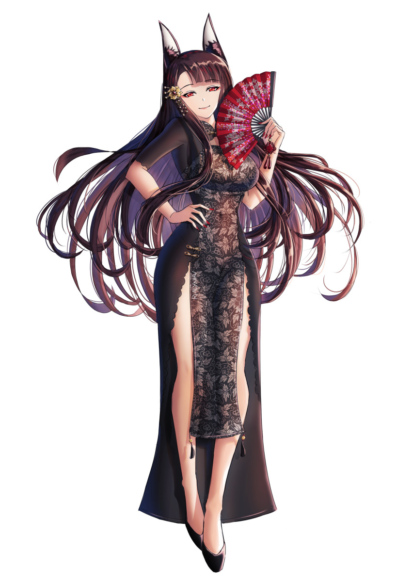 1girl, absurdres, akagi_(azur_lane), alternate_costume, animal_ears, azur_lane, black_dress, black_footwear