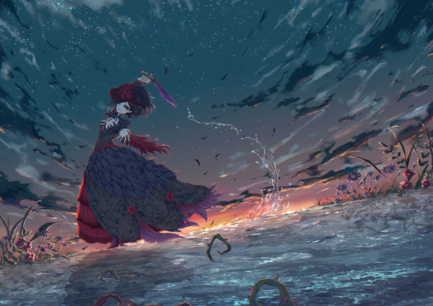 1girl, arm_up, black_dress, black_hair, black_hat, bloody_queen_(identity_v), breasts, cleavage