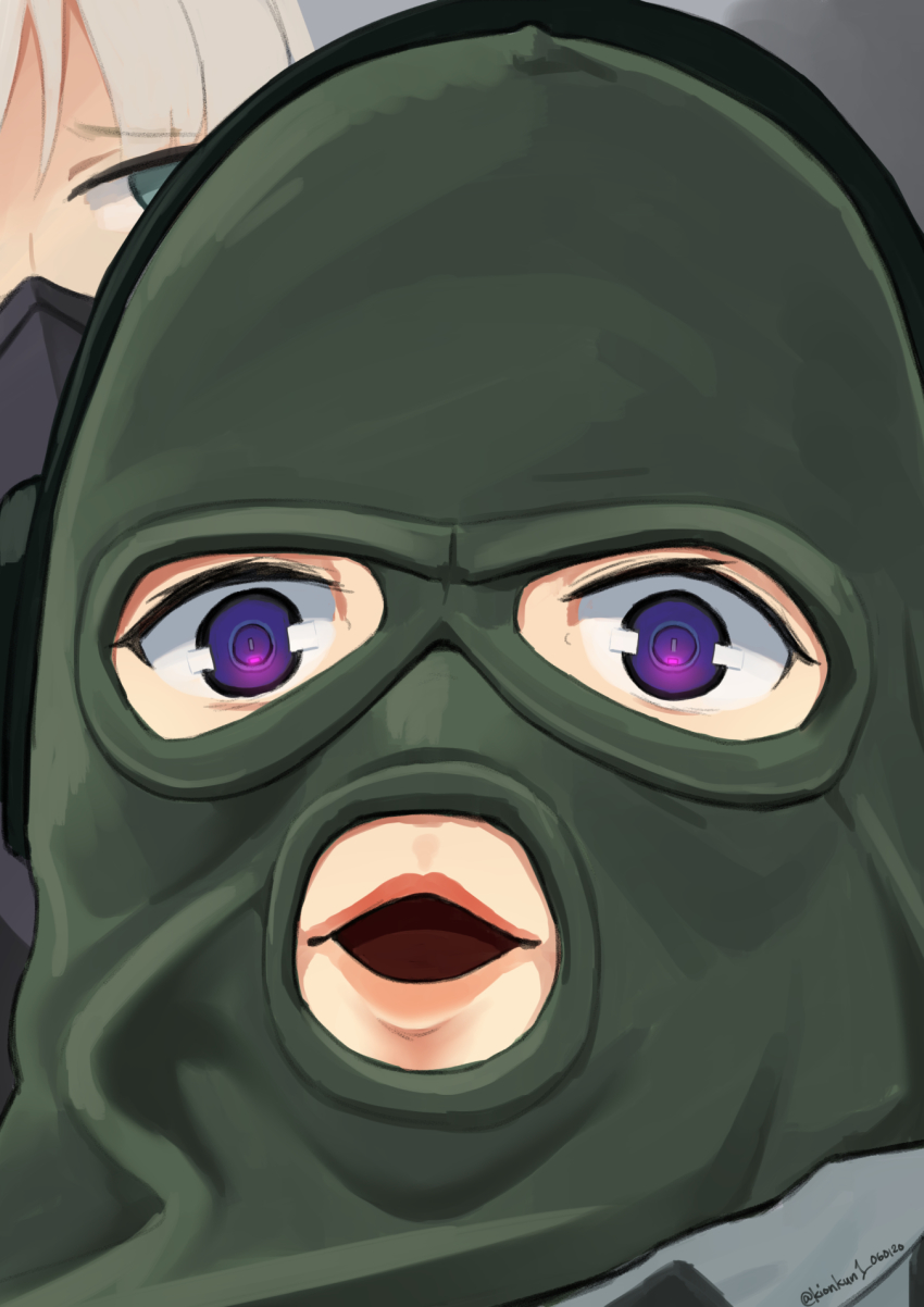 2girls, ak-12_(girls'_frontline), an-94_(girls'_frontline), artificial_eye, balaclava, commentary, covered_face, cyrillic_commentary, girls'_frontline, headphones, highres, kion-kun, looking_at_viewer, mechanical_eyes, meme, multiple_girls, open_mouth, photo-referenced, purple_eyes, russian_commentary, single_mechanical_eye, solo_focus, tactical_clothes, twitter_username, unusually_open_eyes