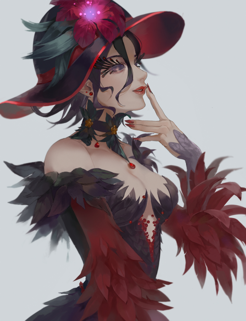 1girl, bad_id, bad_pixiv_id, bare_shoulders, beads, black_dress, black_hair, black_hat, breasts, choker, cleavage, dress, earrings, eyelashes, feathers, female_focus, finger_to_mouth, fingerless_gloves, flipped_hair, flower, from_side, gem, gloves, glowing, glowing_flower, hair_between_eyes, hand_up, hat, hat_flower, highres, hollow_eyes, identity_v, jewelry, lipstick, looking_away, makeup, mary_(identity_v), mary_(last_dance)_(identity_v), medium_breasts, nail_polish, off-shoulder_dress, off_shoulder, parted_lips, puumo_(pumomo-climax), red_dress, red_flower, red_hat, red_neckwear, short_hair, simple_background, smile, solo, stud_earrings, two-tone_dress, upper_body, wavy_hair