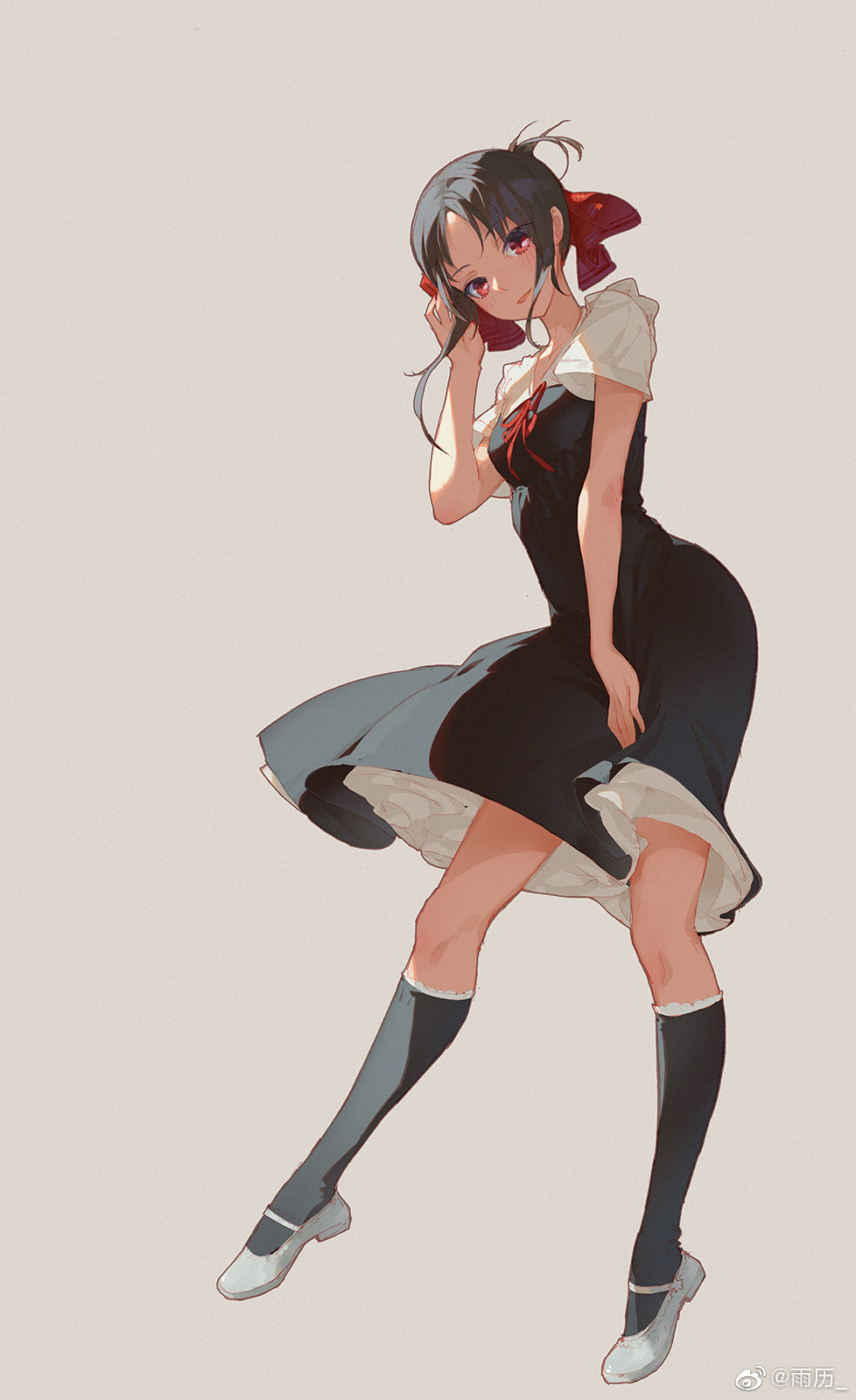 1girl, black_dress, black_hair, black_socks, collared_shirt, dress, female_focus, folded_ponytail