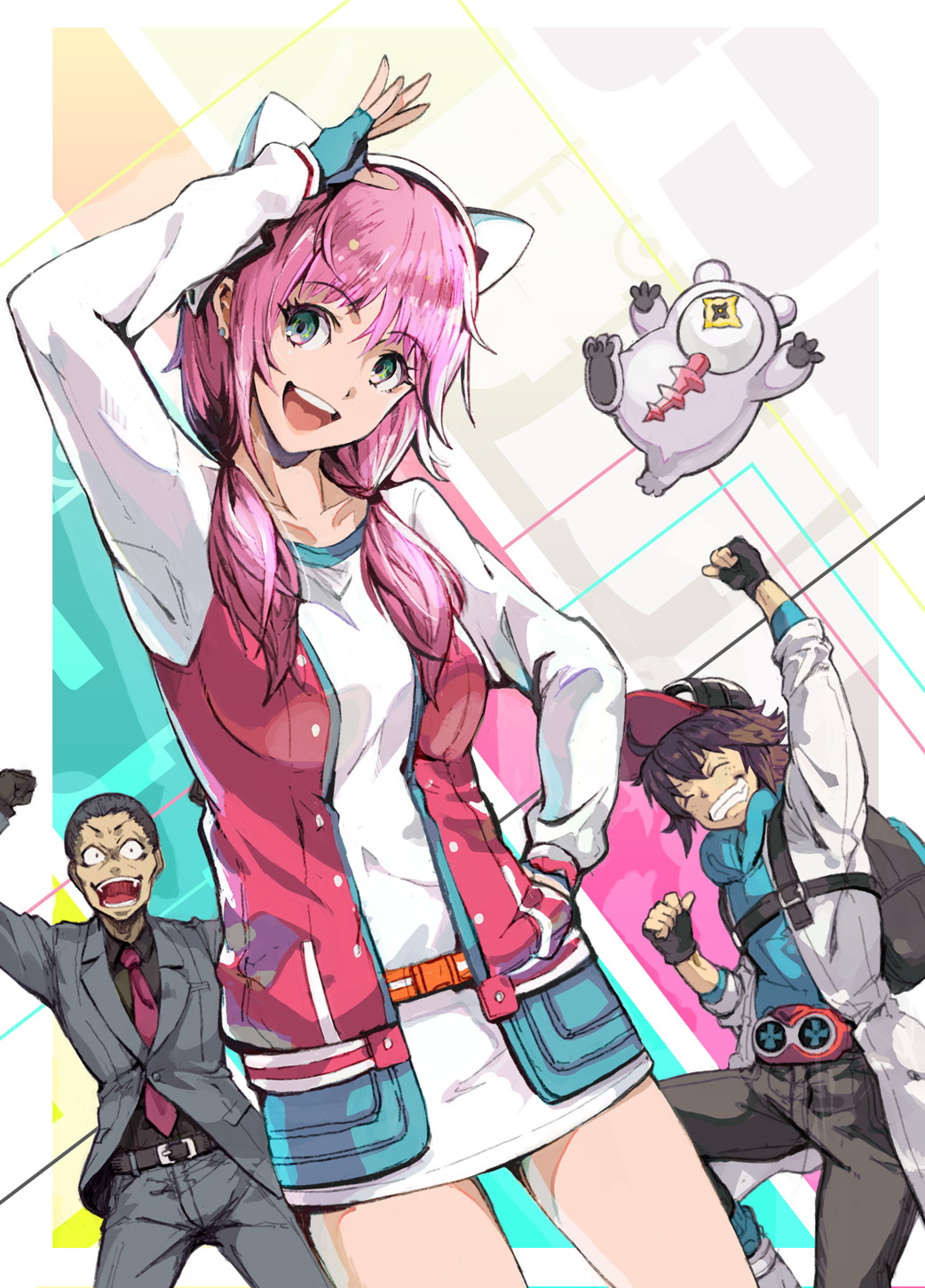 1girl, :d, ai_the_somnium_files, aiba_(ai_the_somnium_files), animal_hood, arm_up, backpack, bad_id, bad_pixiv_id, bag, black_gloves, black_hair, black_pants, black_shirt, blue_eyes, blue_gloves, blue_hoodie, brown_hair, clenched_hand, closed_eyes, fingerless_gloves, formal_clothes, gloves, grey_suit, hat, highres, hood, hoodie, kumakura_moma, long_hair, long_sleeves, matsushita_ota, necktie, open_mouth, pants, pink_hair, pos_(shiratama-ya), sagan_iris, shirt, smile, standing, suit