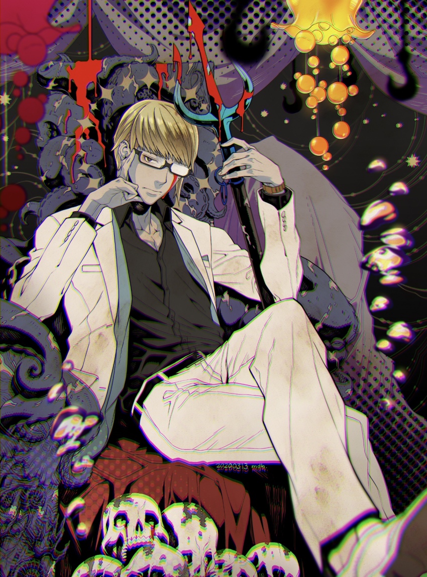 1boy, adjusting_eyewear, ai_the_somnium_files, blonde_hair, blood, bloody_weapon, crossed_legs, finger_on_eyewear