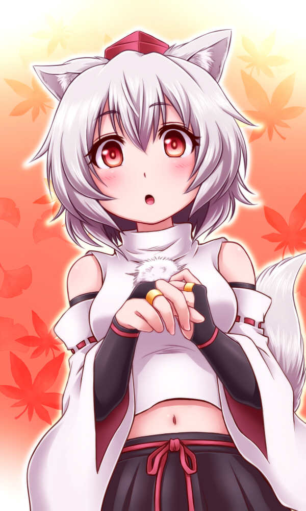 1girl, animal_ear_fluff, animal_ears, autumn_leaves, bare_shoulders, black_skirt, blush, breasts