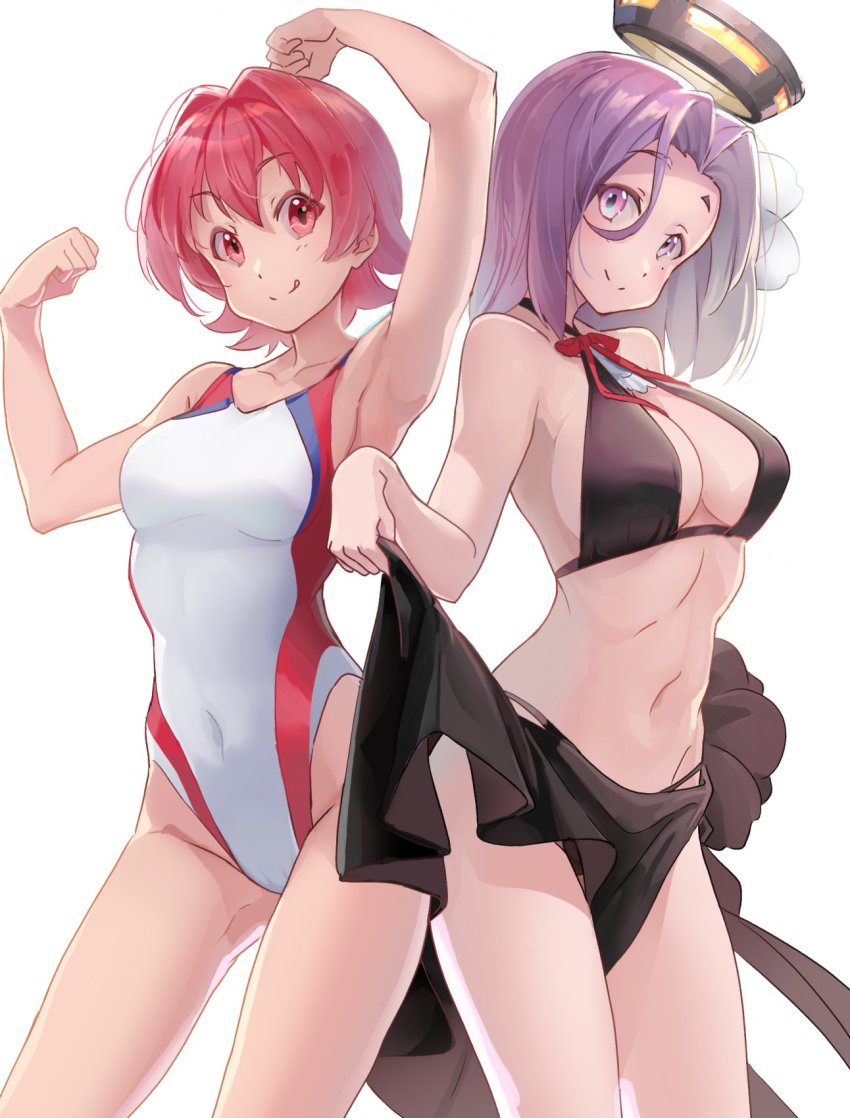 2girls, :q, ao_iro, back-to-back, bikini, black_bikini, black_sarong, breasts