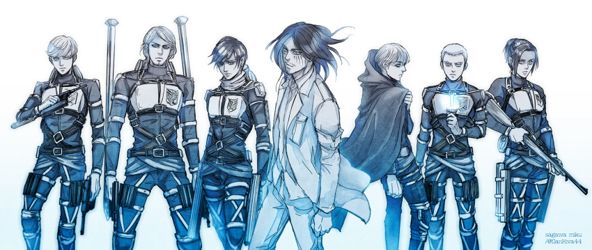 2girls, 5boys, aged_up, armband, armin_arlert, armor, belt, black_hair, blonde_hair, bodysuit, boots, brown_hair, cape, capelet, cloak, coat, connie_springer, emblem, eren_yeager, facial_hair, facial_mark, flashlight, floch_forster, gun, handgun, hood, hooded_cape, hooded_capelet, hooded_cloak, jacket, jean_kirstein, long_hair, long_sleeves, looking_at_viewer, male_focus, mikasa_ackerman, military, military_uniform, monochrome, mskei, multiple_boys, multiple_girls, paradis_military_uniform, ponytail, rifle, rocket, rocket_launcher, sasha_blouse, scarf, shingeki_no_kyojin, short_hair, strap, survey_corps_(emblem), thigh_strap, three-dimensional_maneuver_gear, thunder_spears, timeskip, weapon