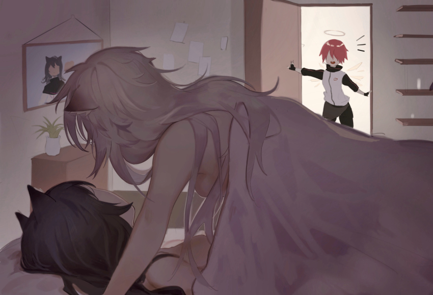 3girls, animal_ears, arknights, bed, breasts, caught, cookie_(ppyf5328), exusiai_(arknights), fingerless_gloves, girl_on_top, gloves, halo, highres, indoors, jacket, lappland_(arknights), long_hair, looking_at_another, lying, medium_breasts, meme, multiple_girls, nude, on_back, on_bed, pantyhose, pillow, precure_netorare_(meme), red_hair, short_hair, silver_hair, texas_(arknights), walk-in, wolf_ears, yuri