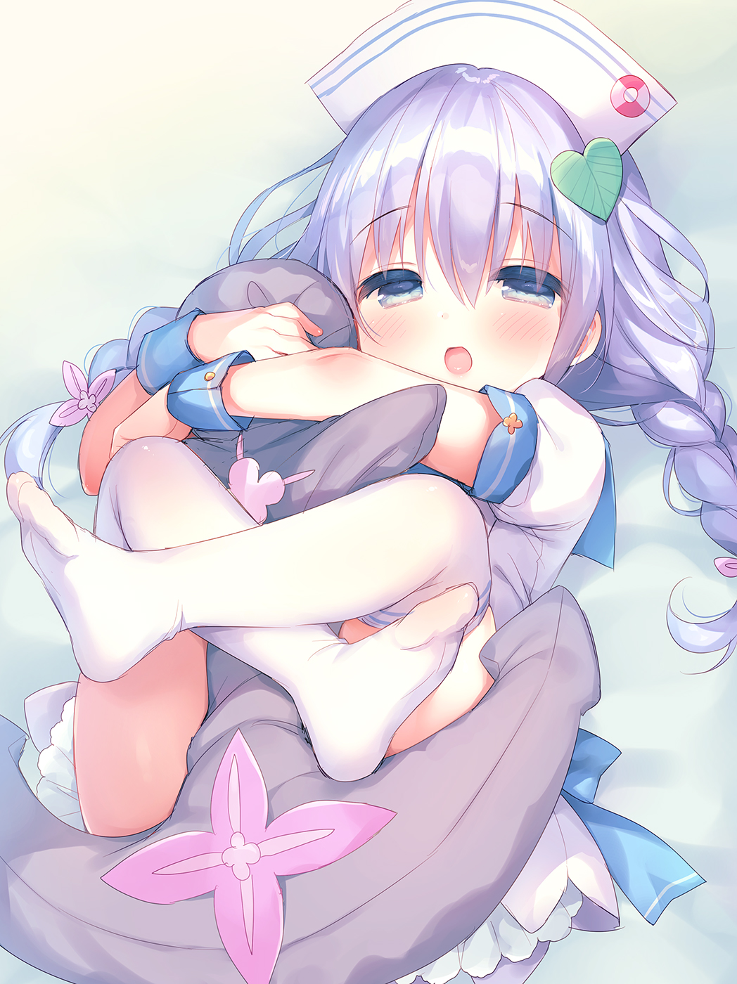 1girl, blue_bow, blue_eyes, blue_hair, blue_sailor_collar, blush, bow, braid, commentary_request, dress, feet, female_focus, flower_knight_girl, hair_between_eyes, hair_ornament, half-closed_eyes, hat, heart, heart_hair_ornament, highres, hugging_object, ikarisou_(flower_knight_girl), leg_lock, long_hair, looking_at_viewer, no_shoes, open_mouth, puffy_short_sleeves, puffy_sleeves, sailor_collar, sailor_dress, sailor_hat, short_sleeves, soles, solo, stuffed_toy, thighhighs, toes, twin_braids, twintails, usashiro_mani, white_dress, white_hat, white_thighhighs, wrist_cuffs