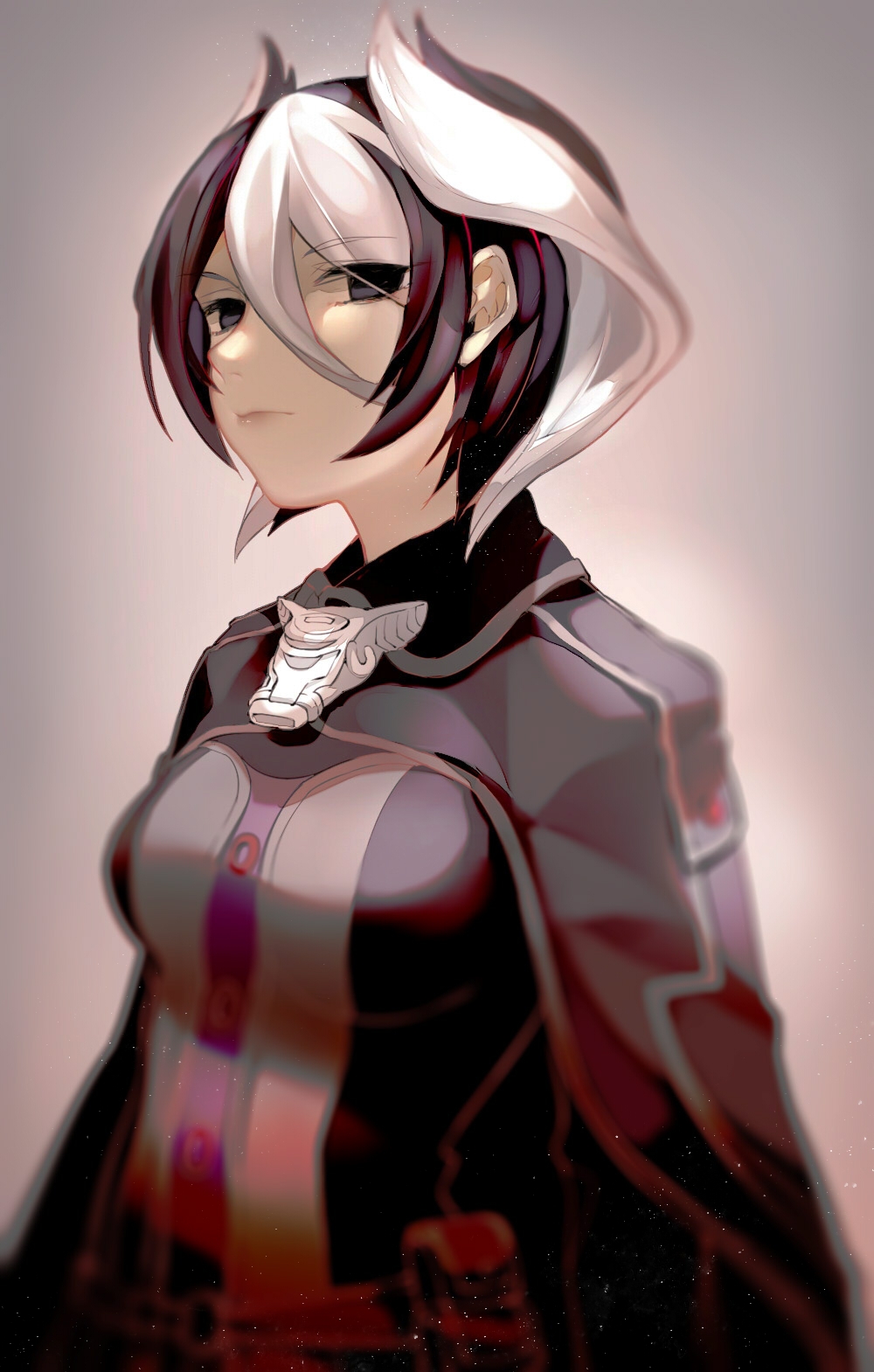 1girl, black_cape, black_eyes, black_hair, black_jacket, blurry, breasts, cape