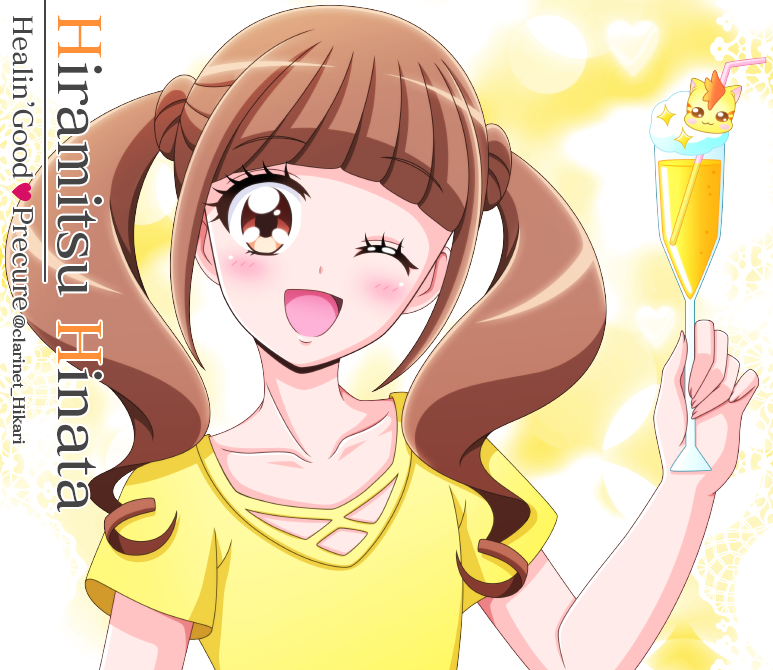 1girl, ;d, blunt_bangs, blush, brown_eyes, brown_hair, character_name, collarbone