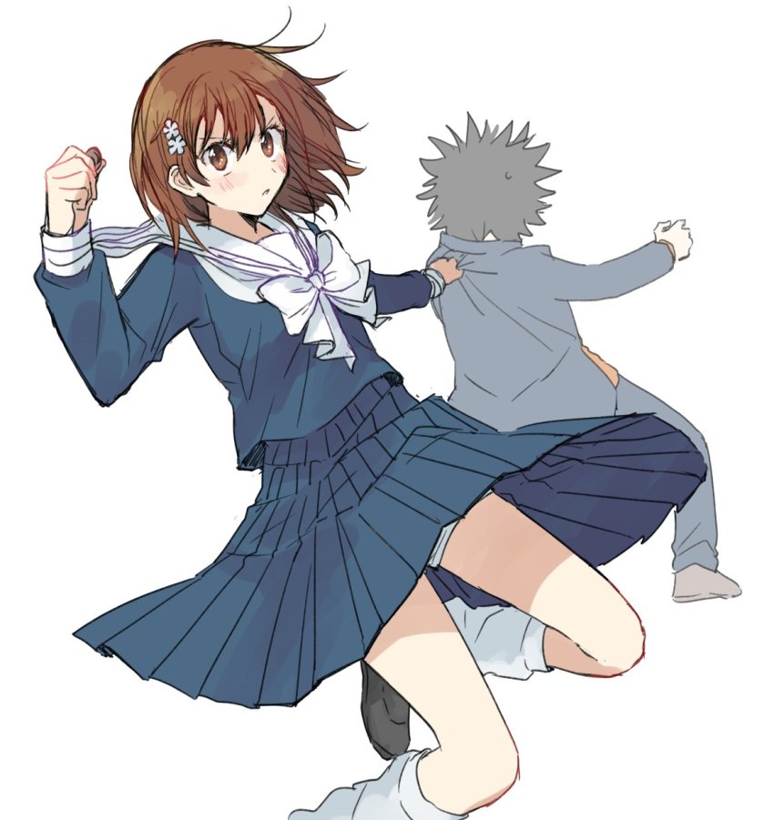 1boy, 1girl, alternate_costume, black_footwear, black_hair, black_jacket, black_legwear, blue_shirt