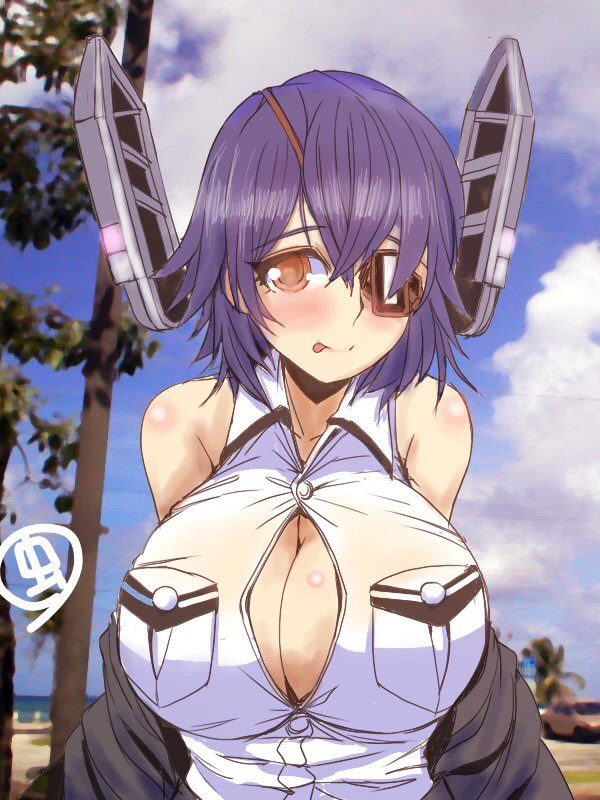 1girl, bare_shoulders, blue_sky, blush, breasts, button_gap, cleavage, collared_shirt