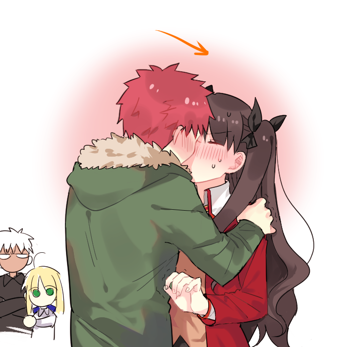 2boys, 2girls, appleale19, archer_(casual_wear)_(fate), archer_(fate), artoria_pendragon_(fate), blonde_hair, closed_eyes, embarrassed, emiya_shirou, fate/stay_night, fate_(series), green_eyes, green_jacket, jacket, kiss, multiple_boys, multiple_girls, red_hair, red_jacket, saber_(fate), tohsaka_rin, twintails, two_side_up, white_hair