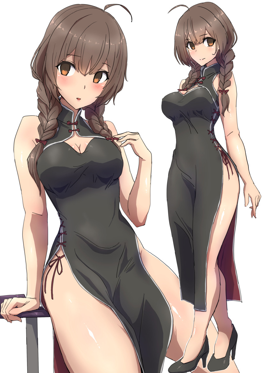 1girl, ahoge, alternate_costume, black_dress, black_legwear, blush, braid, breasts
