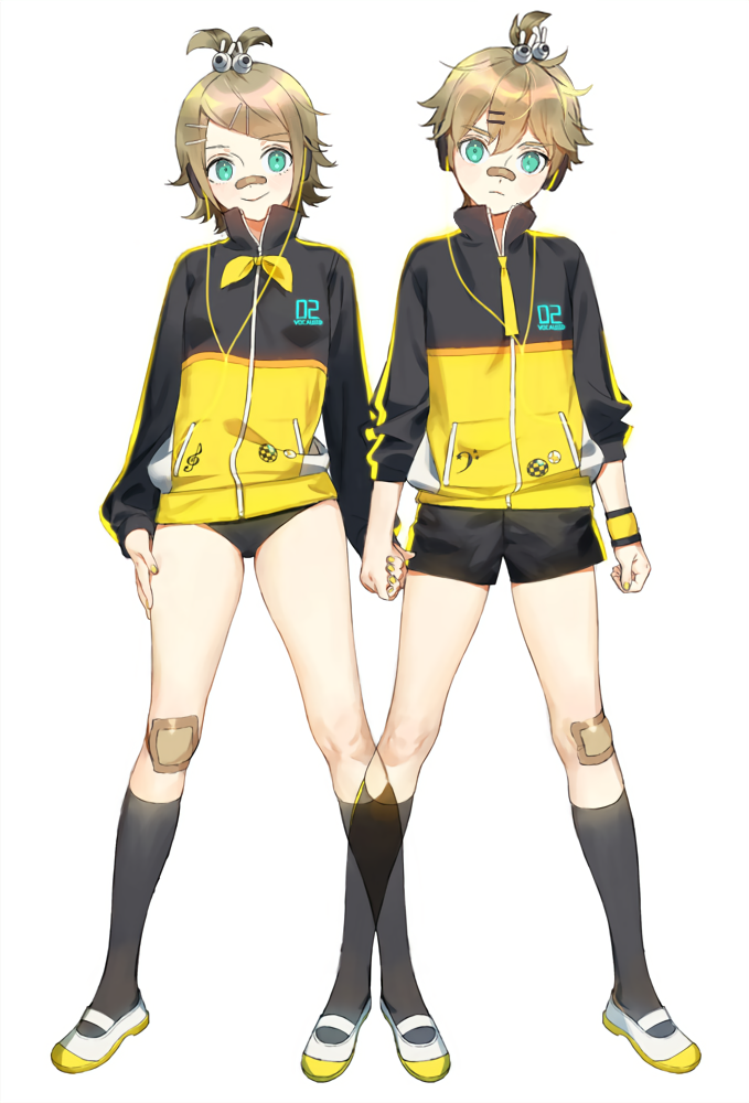 1boy, 1girl, bad_id, bad_pixiv_id, bandaid, bandaid_on_face, bandaid_on_knee, bandaid_on_leg, bandaid_on_nose, black_socks, blonde_hair, blue_eyes, brother_and_sister, buruma, full_body, headphones, holding_hands, jacket, kagamine_len, kagamine_len_(stylish_energy), kagamine_rin, kagamine_rin_(stylish_energy), kneehighs, looking_at_viewer, naoko_(naonocoto), shoes, siblings, simple_background, smile, socks, twins, uwabaki, vocaloid, white_background