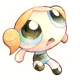 1girl, blonde_hair, blue_eyes, bubbles_(ppg), cartoon_network, d:, female_focus, gouache_(medium), lowres, nib_pen_(medium), open_mouth, painting_(medium), pantyhose, pen_(medium), powerpuff_girls, short_twintails, solo, toon_(style), traditional_media, twintails, wabiru, white_pantyhose