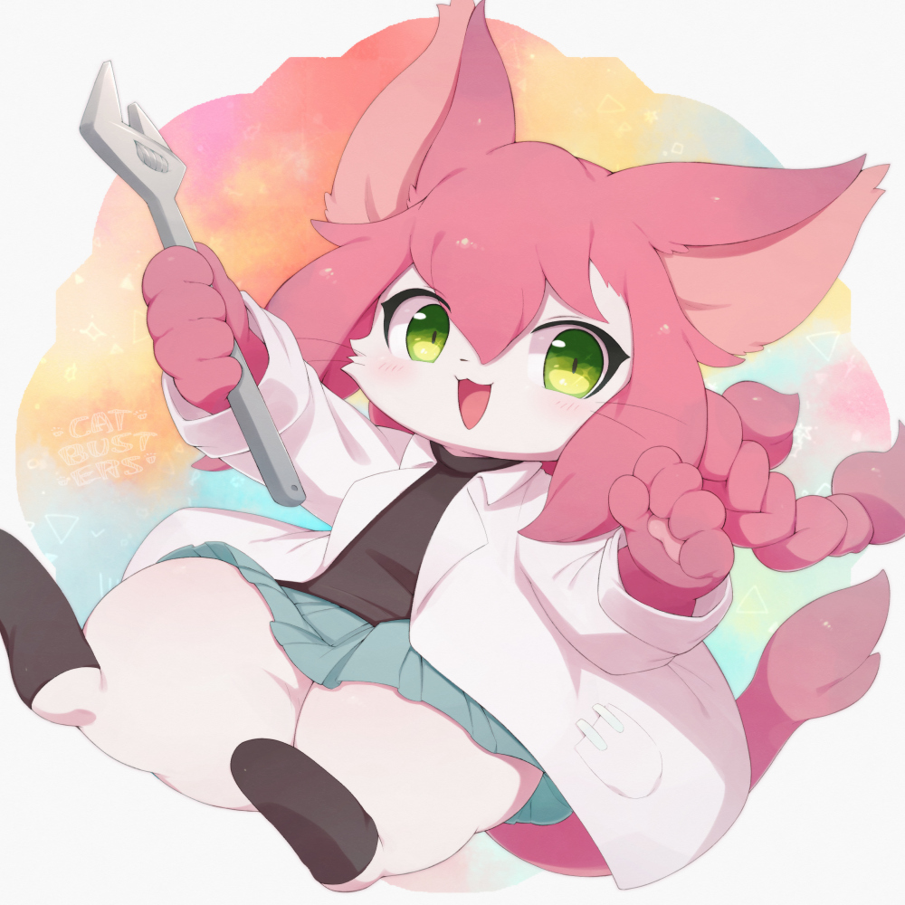 1girl, :3, :d, adjustable_wrench, animal_ears, animal_nose, blue_skirt, blush, body_fur, braid, cat, cat_busters, cat_ears, cat_girl, cat_tail, chibikemo, commentary_request, ennuiours, female_focus, furry, furry_female, green_eyes, holding, holding_wrench, lab_coat, long_hair, looking_to_the_side, neko_hakase, open_mouth, pawpads, pink_hair, pleated_skirt, simple_background, skirt, smile, solo, tail, twin_braids, whiskers, white_fur, wrench