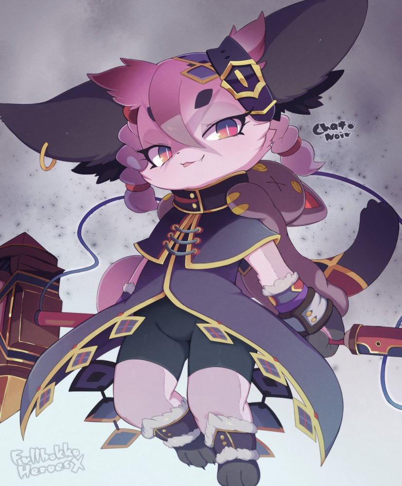 1girl, animal_ears, body_fur, bright_pupils, cat, cat_ears, cat_girl, cat_tail, character_name, chat_noir_(fullbokko_heroes), claws, commentary_request, copyright_name, earrings, ennuiours, fang, female_focus, full_body, fullbokko_heroes, furry, furry_female, hair_between_eyes, hammer, holding, holding_hammer, jewelry, looking_at_viewer, open_mouth, purple_fur, purple_hair, red_eyes, short_twintails, simple_background, slit_pupils, solo, tail, tongue, tongue_out, twintails, white_pupils