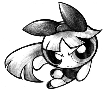 blossom_(ppg), bow, cartoon_network, graphite_(medium), greyscale, hair_bow, long_hair, lowres