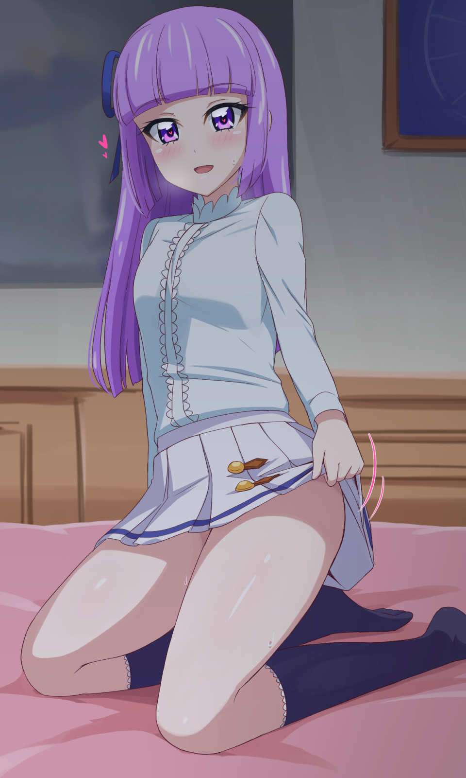 1girl, :d, acchi_(koiyimknp), aikatsu!, aikatsu!_(series), bed_sheet, bedroom, black_socks