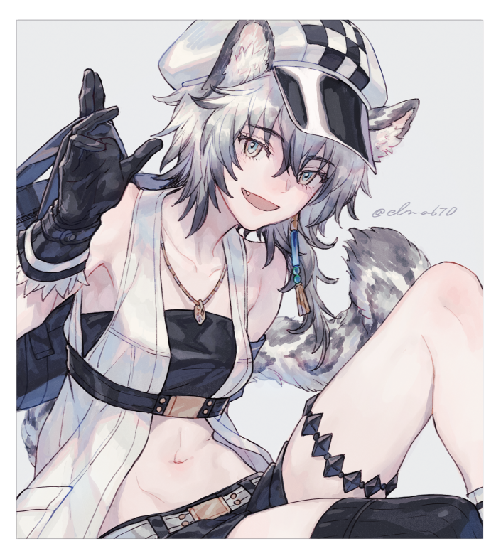 1girl, :d, animal_ears, arknights, armpit_peek, bandeau, belt, black_gloves