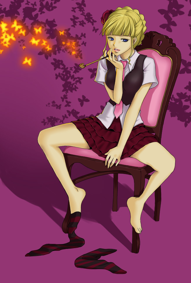 00s, 1girl, aikabocha, bad_id, bad_pixiv_id, barefoot, beatrice_(umineko), blonde_hair, blue_eyes, bug, butterfly, chair, feet, female_focus, insect, kiseru, necktie, pink_necktie, sitting, skirt, smoking_pipe, solo, spread_legs, striped_clothes, striped_thighhighs, thighhighs, umineko_no_naku_koro_ni