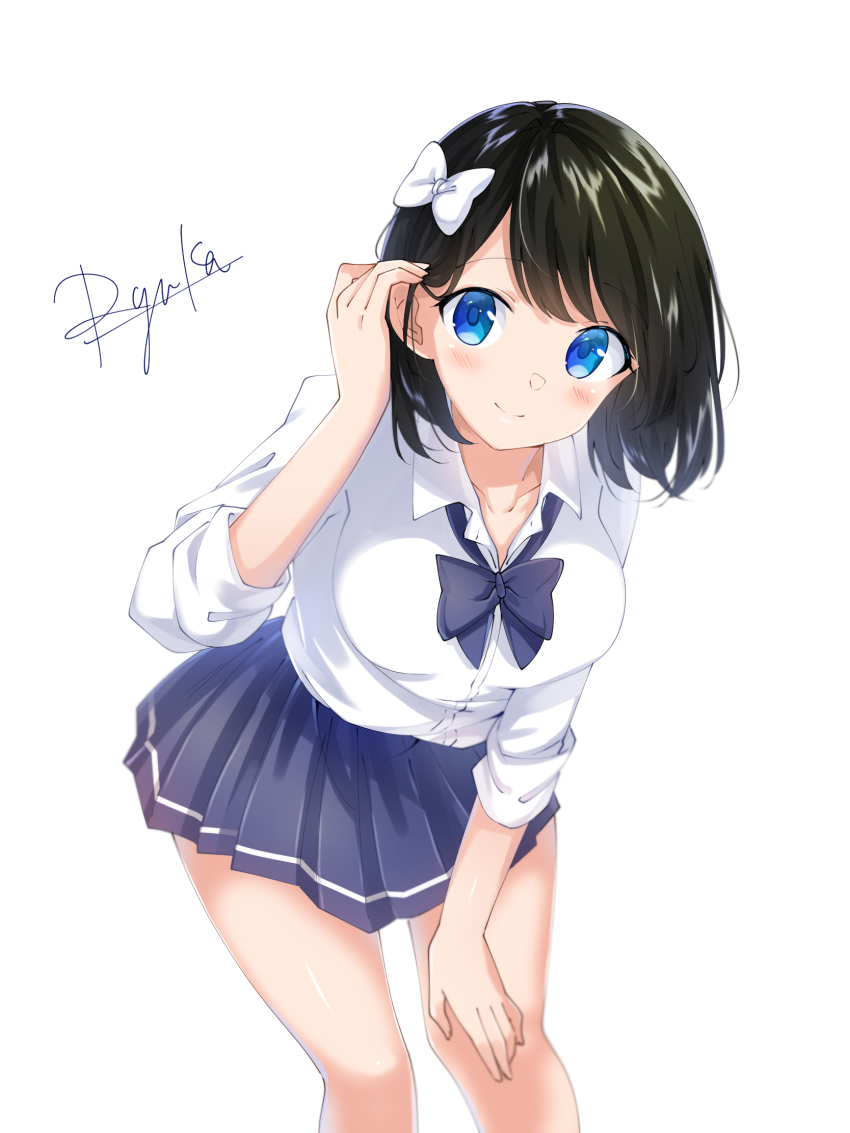 1girl, adjusting_hair, artist_name, black_hair, blue_bow, blue_eyes, blue_skirt, bow