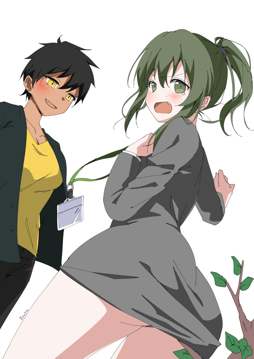 2girls, absurdres, ass, black_hair, black_jacket, black_pants, blush, branch, breasts, cleavage, dark_skin, dark-skinned_female, green_eyes, green_hair, grey_skirt, hand_up, highres, id_card, igarashi_futaba, jacket, kurobe_natsumi, looking_at_another, looking_at_viewer, looking_back, multiple_girls, office_lady, pants, ponytail, ryuka, senpai_ga_uzai_kouhai_no_hanashi, shirt, short_hair, simple_background, skirt, smile, standing, tearing_up, white_background, yellow_eyes, yellow_shirt