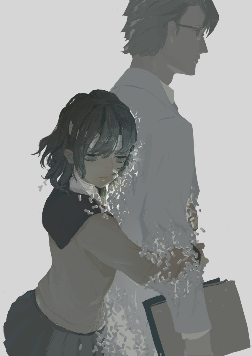1boy, 1girl, absurdres, antiquewhite, bandaged_head, bandaged_neck, bandages, clipboard, dissolving, expressionless, glasses, highres, hug, hug_from_behind, iida_tetsuya, juusan_kihei_bouei_ken, lab_coat, medium_hair, pill, sailor_collar, school_uniform, serafuku, shinonome_ryouko_(juusan_kihei_bouei_ken), shirt, simple_background, skirt, upper_body, white_shirt