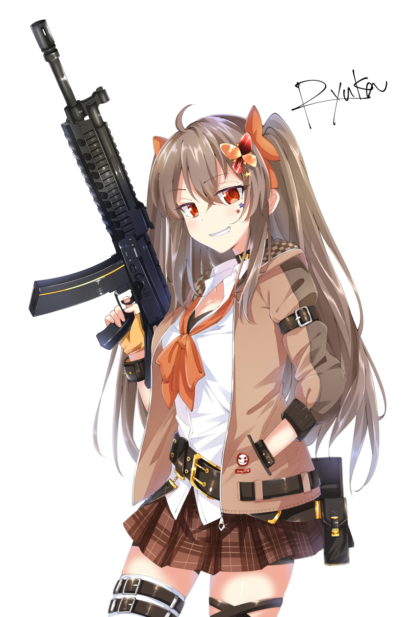 1girl, absurdres, arm_belt, artist_name, assault_rifle, belt, belt_pouch, bow
