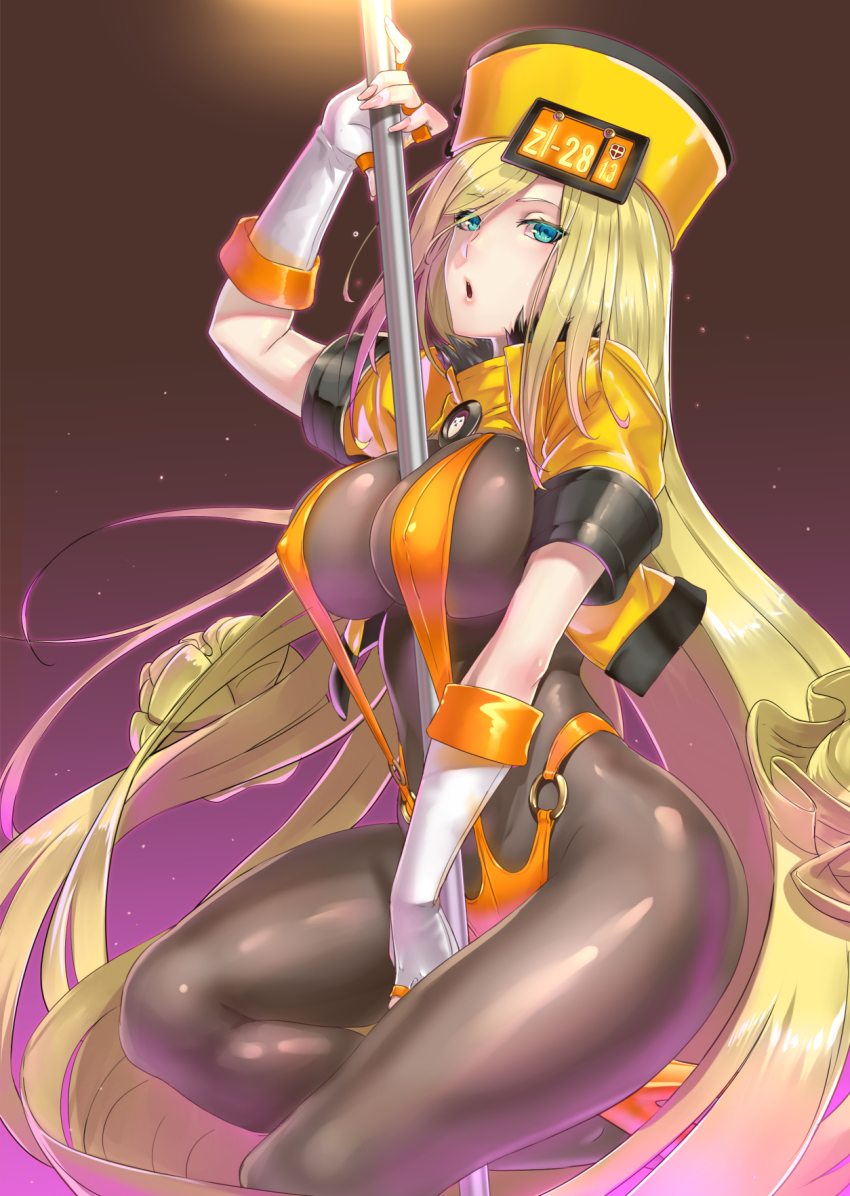 1girl, adapted_costume, between_breasts, blonde_hair, blue_eyes, bodysuit, breasts, commentary_request