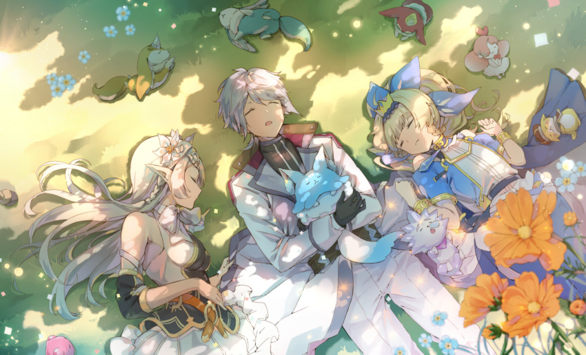 1boy, 2girls, aither_(epic_seven), arkasus, bare_shoulders, black_gloves, black_shirt, black_sleeves, blouse, blue_dress, blue_flower, blue_ribbon, braid, braided_bangs, closed_eyes, closed_mouth, commentary_request, creature, day, detached_sleeves, dress, epic_seven, flower, forget-me-not_(flower), frilled_skirt, frills, gloves, grass, grey_hair, hair_between_eyes, hair_ribbon, hands_up, heart, highres, iseria_(epic_seven), jacket, long_hair, lying, melings_(aot2846), multiple_girls, on_back, on_ground, on_side, open_mouth, orange_flower, outdoors, pants, pointy_ears, ras_(epic_seven), ribbon, shirt, short_sleeves, skirt, sleeping, sleeveless, sleeveless_shirt, very_long_hair, white_jacket, white_pants, white_skirt