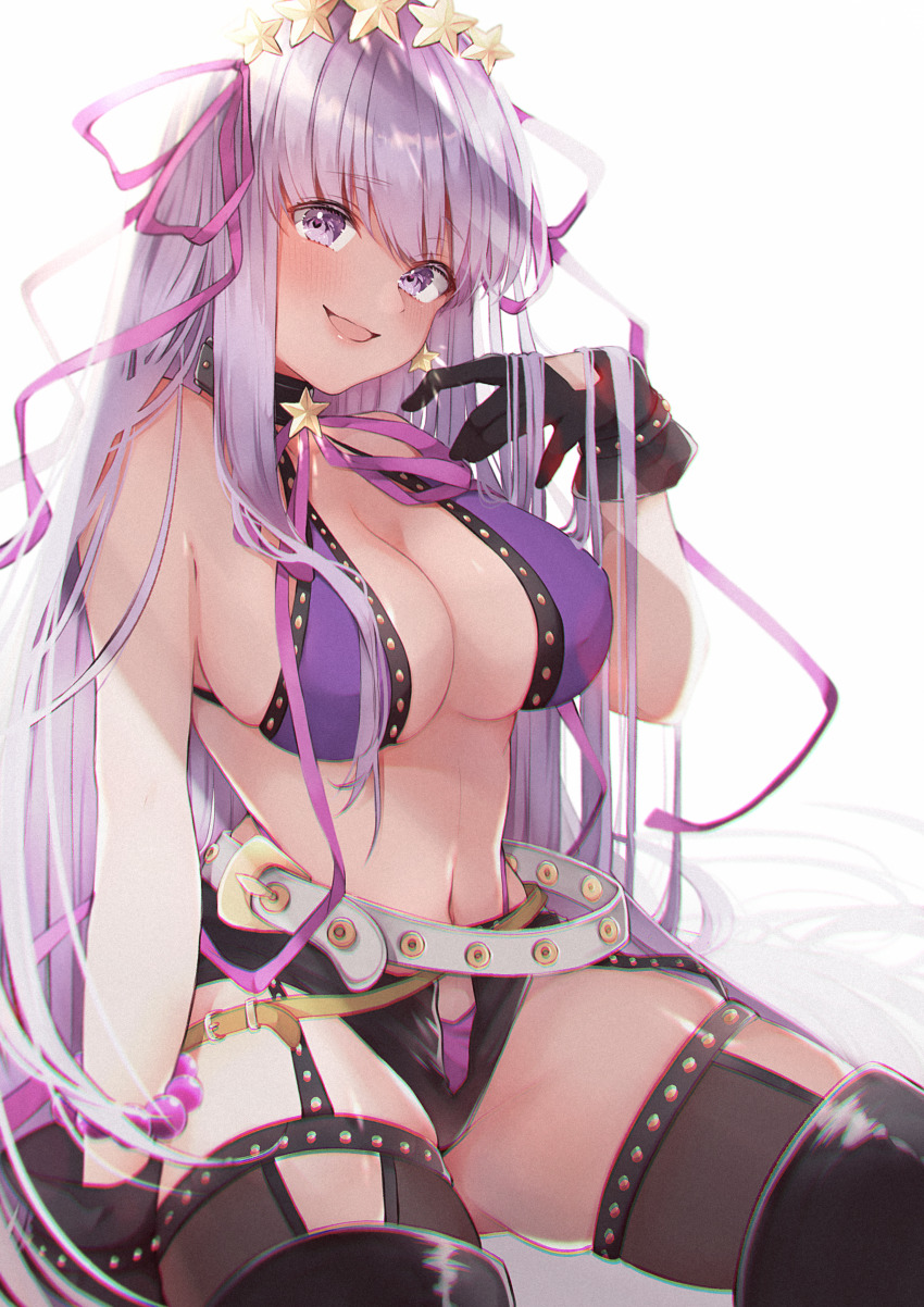 1girl, absurdres, backlighting, bare_shoulders, bb_(fate), bb_(swimsuit_mooncancer)_(second_ascension)_(fate), bead_bracelet, beads, belt, bikini, black_garter_belt, black_gloves, black_shorts, black_thighhighs, blush, bracelet, breasts, cleavage, collarbone, dark-skinned_female, dark_skin, earrings, fate/grand_order, fate_(series), garter_belt, gloves, hair_ornament, hair_ribbon, hairband, highres, huge_filesize, jewelry, large_breasts, light_rays, long_hair, looking_at_viewer, loose_belt, micro_shorts, navel, neck_ribbon, open_mouth, purple_bikini, purple_eyes, purple_hair, purple_ribbon, ribbon, shorts, simple_background, sitting, smile, star_(symbol), star_earrings, star_hair_ornament, studded_garter_belt, suna_co, swimsuit, tan, thighhighs, thighs, very_long_hair, white_background, white_belt
