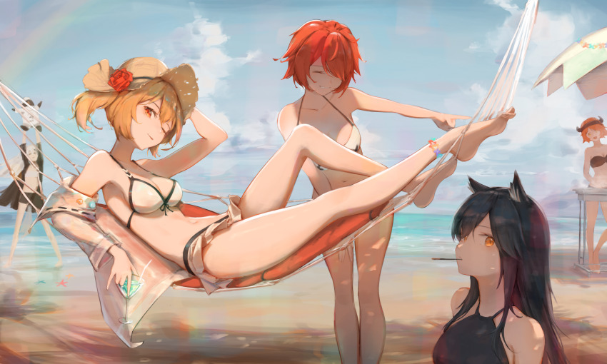 5girls, animal_ear_fluff, animal_ears, arknights, barefoot, beach, bikini, bikini_top_only