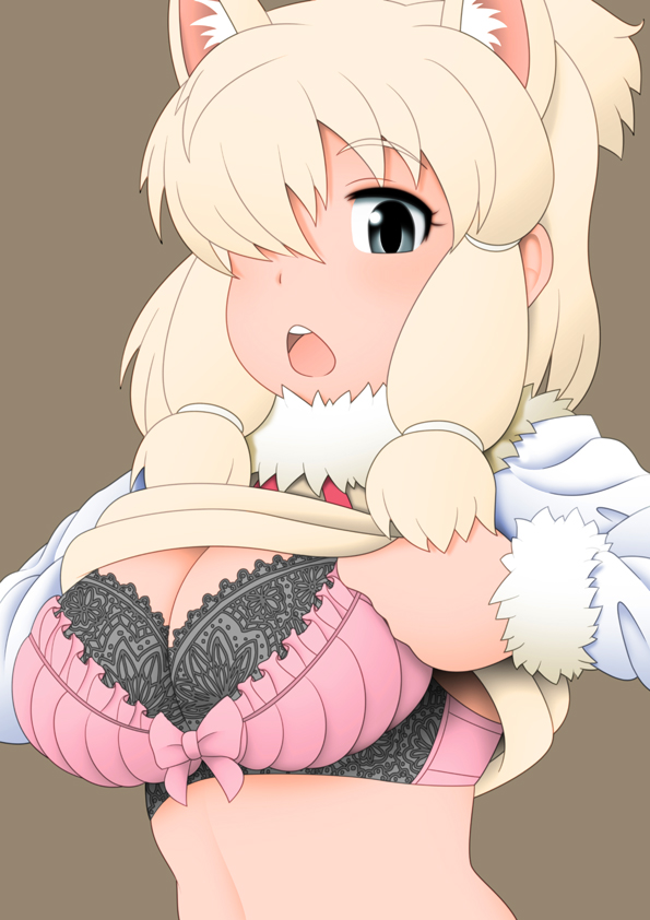 1girl, alpaca_ears, alpaca_suri_(kemono_friends), animal_ear_fluff, animal_ears, bagua_zhang, blonde_hair, bow, bow_bra, bra, breasts, brown_background, cleavage, clothes_lift, commentary_request, extra_ears, female_focus, frilled_bra, frills, fur_collar, grey_eyes, hair_bun, kemono_friends, lifting_own_clothes, long_sleeves, looking_at_viewer, medium_breasts, medium_hair, neck_ribbon, open_mouth, ribbon, shirt, shirt_lift, sidelocks, simple_background, single_hair_bun, solo, stomach, teeth, underwear, upper_body, upper_teeth_only, vest